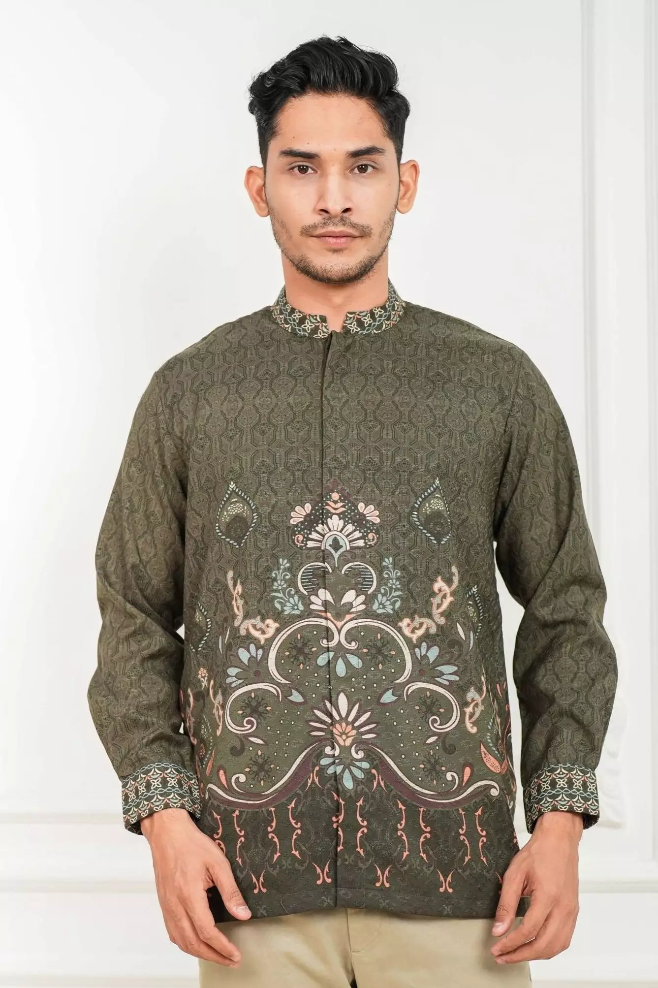 Sarimbit Akasya Olive Kemeja Pria  Koko Lengan Panjang Regular Fit Furing