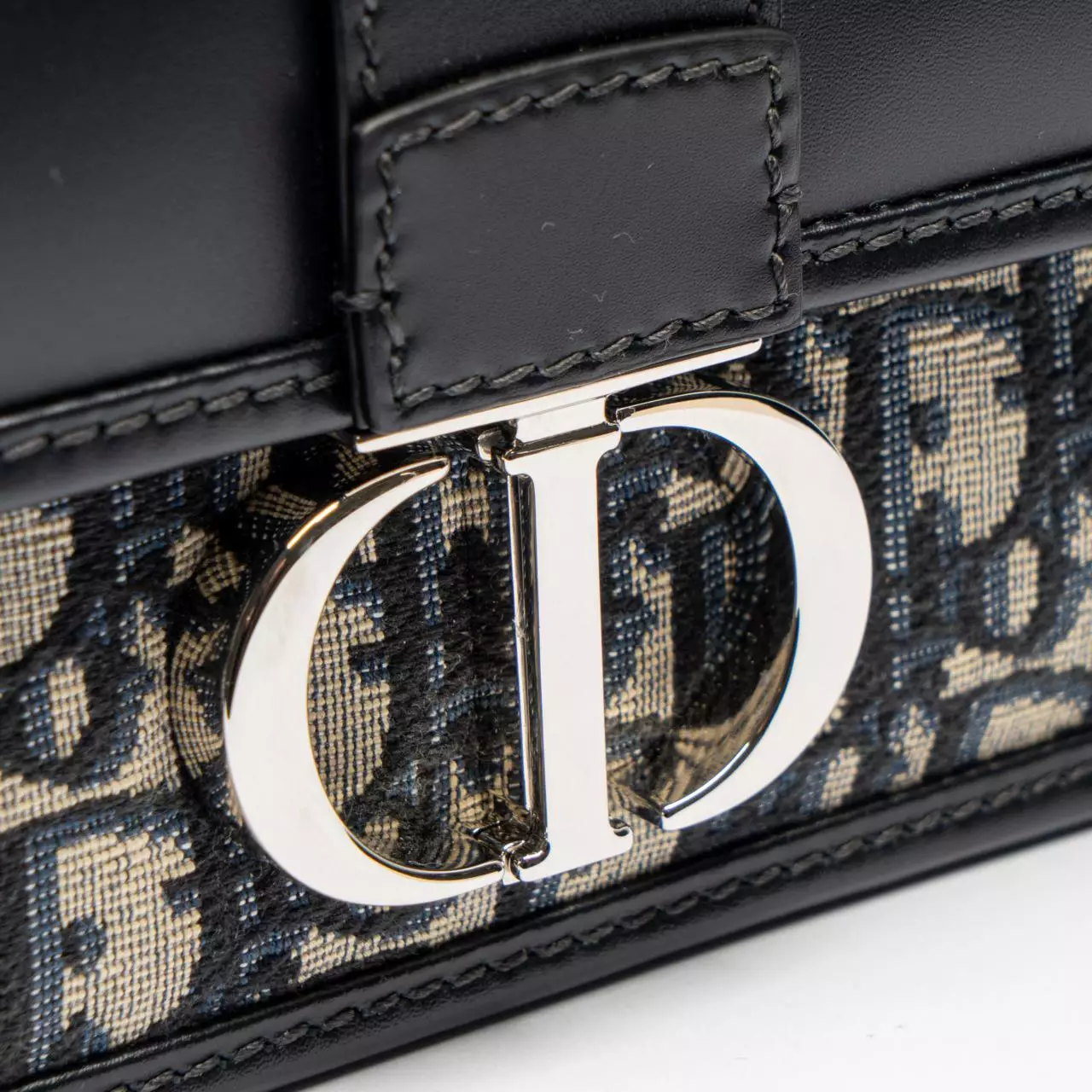 30 Montaigne East-West Bag with Chain Oblique Jacquard and Smooth Calfskin Blue