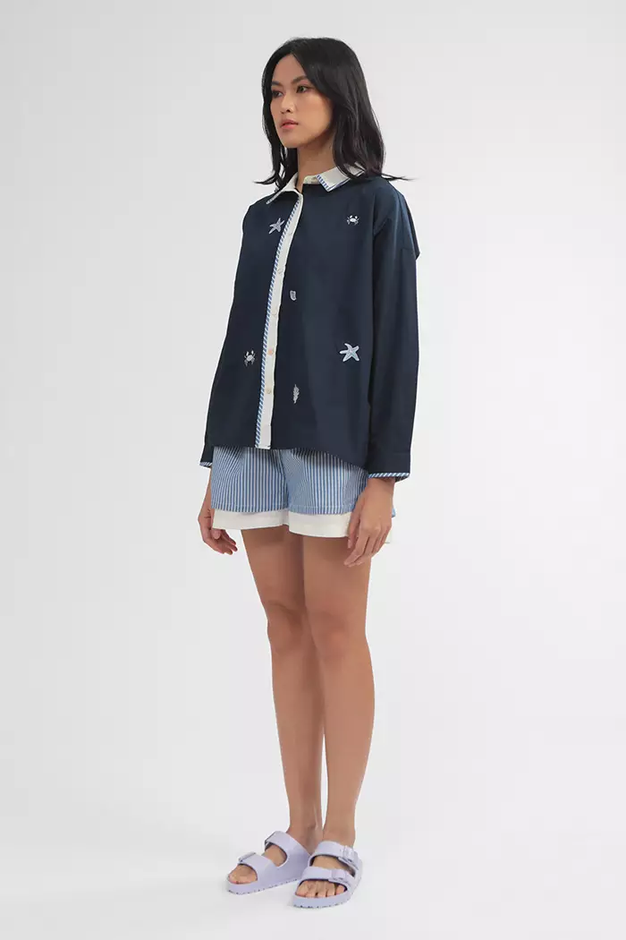 COTTONINK - Atasan Kemeja Wanita Navy Ocean Maurea #SummerCollection2025