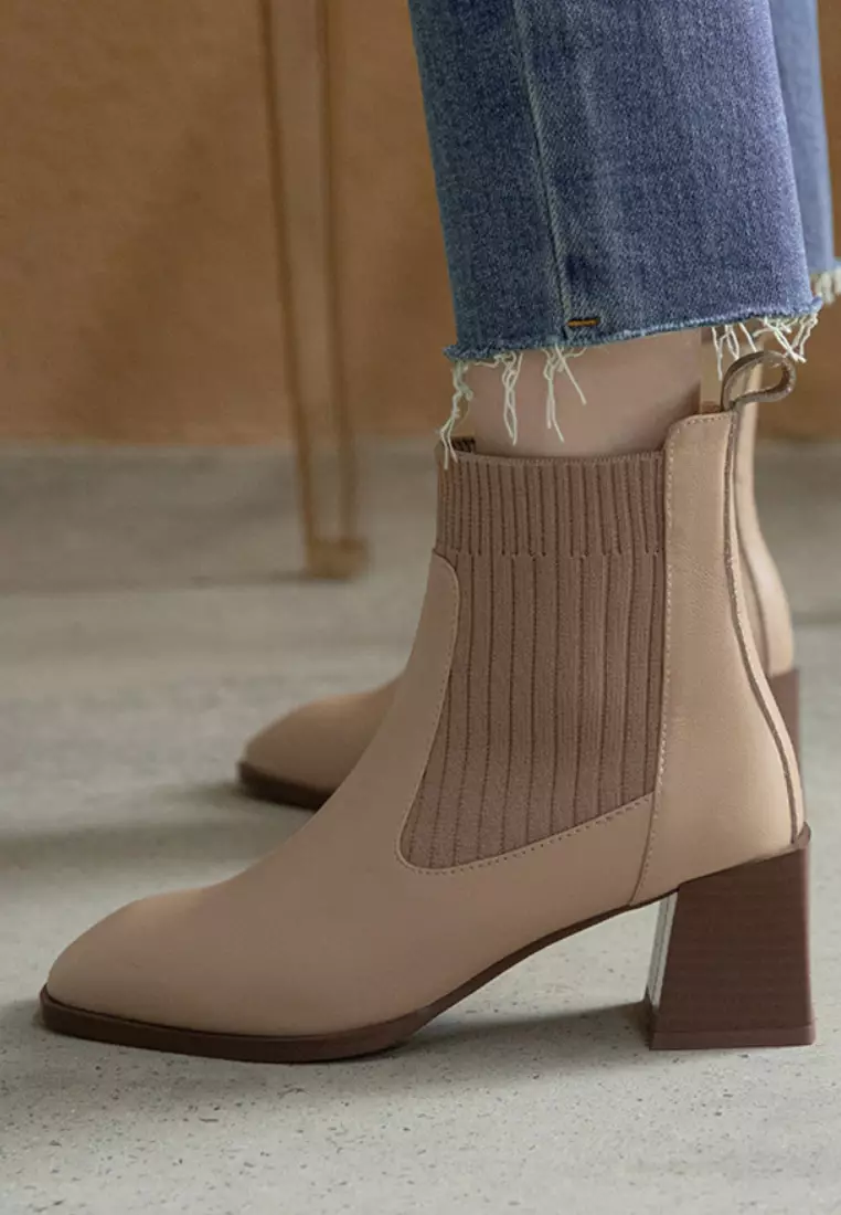 VANSA Fashionable Top Layer Cowhide Stretch Ankle Boots VSW-B06291288