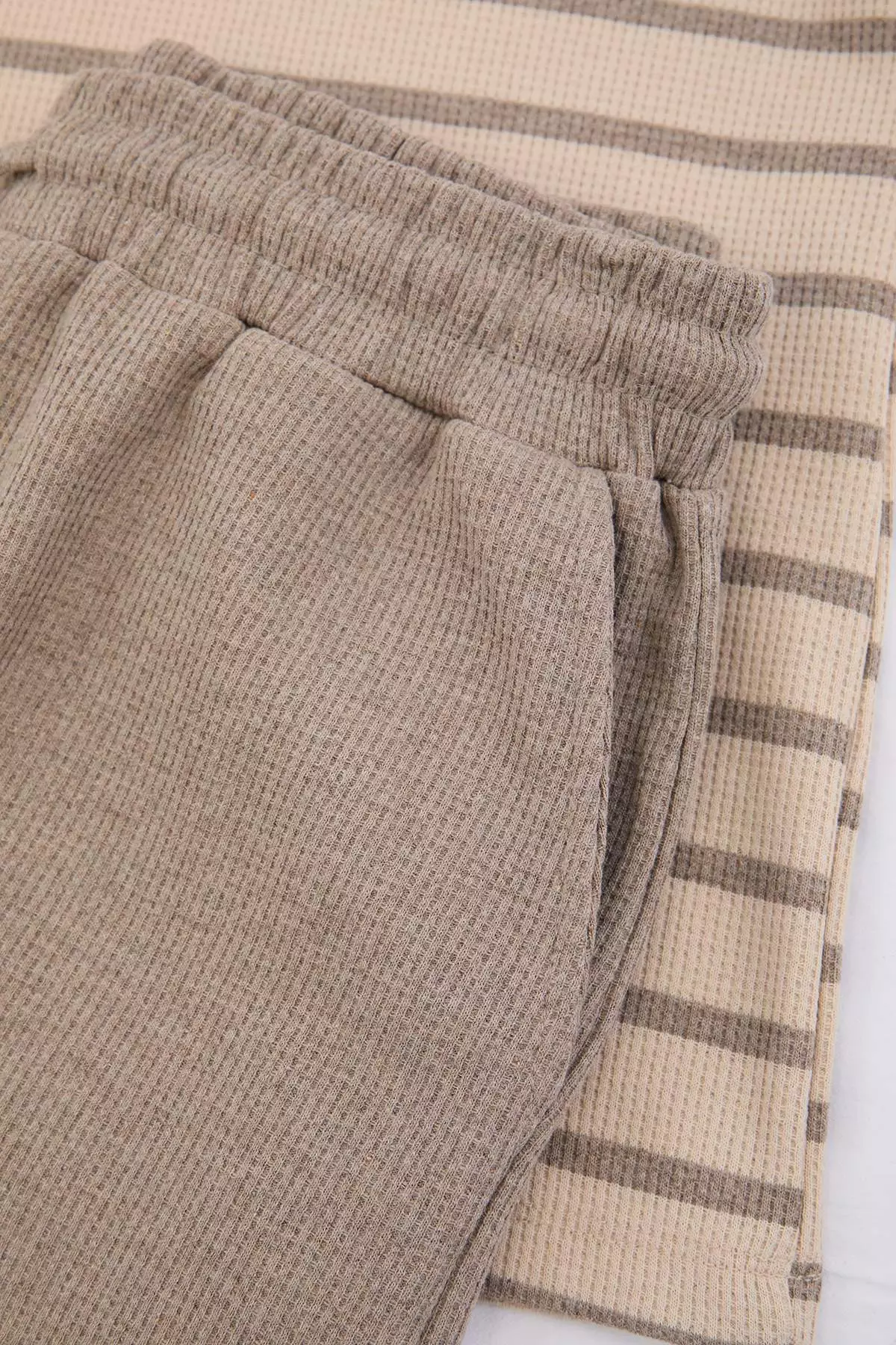 Buy Trendyol Brown-Ecru Regular Cut Striped Textured Pajama Set ...