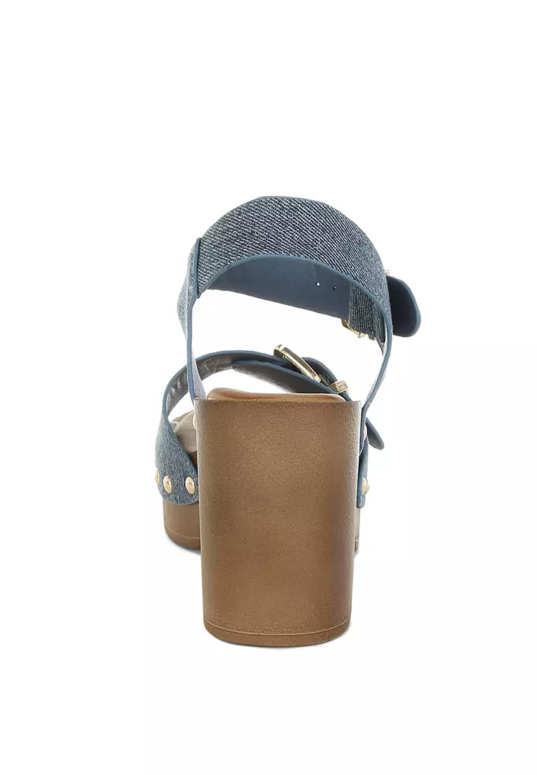 Studded Denim Clog Sandals In Denim