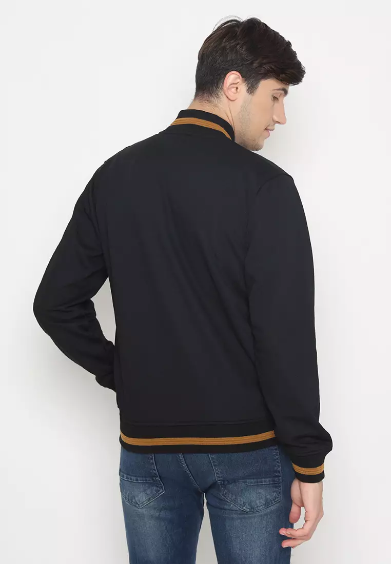 Jaket Bomber Pria - Black Cut & Sewn List Brown