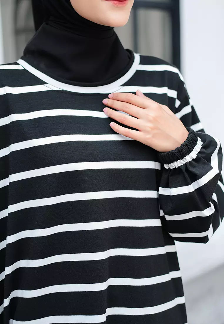 JV Hasanah Baju Kurung Oval Big Stripe Black | Atasan Baju Kurung Oval Salur Besar Kaos Adem