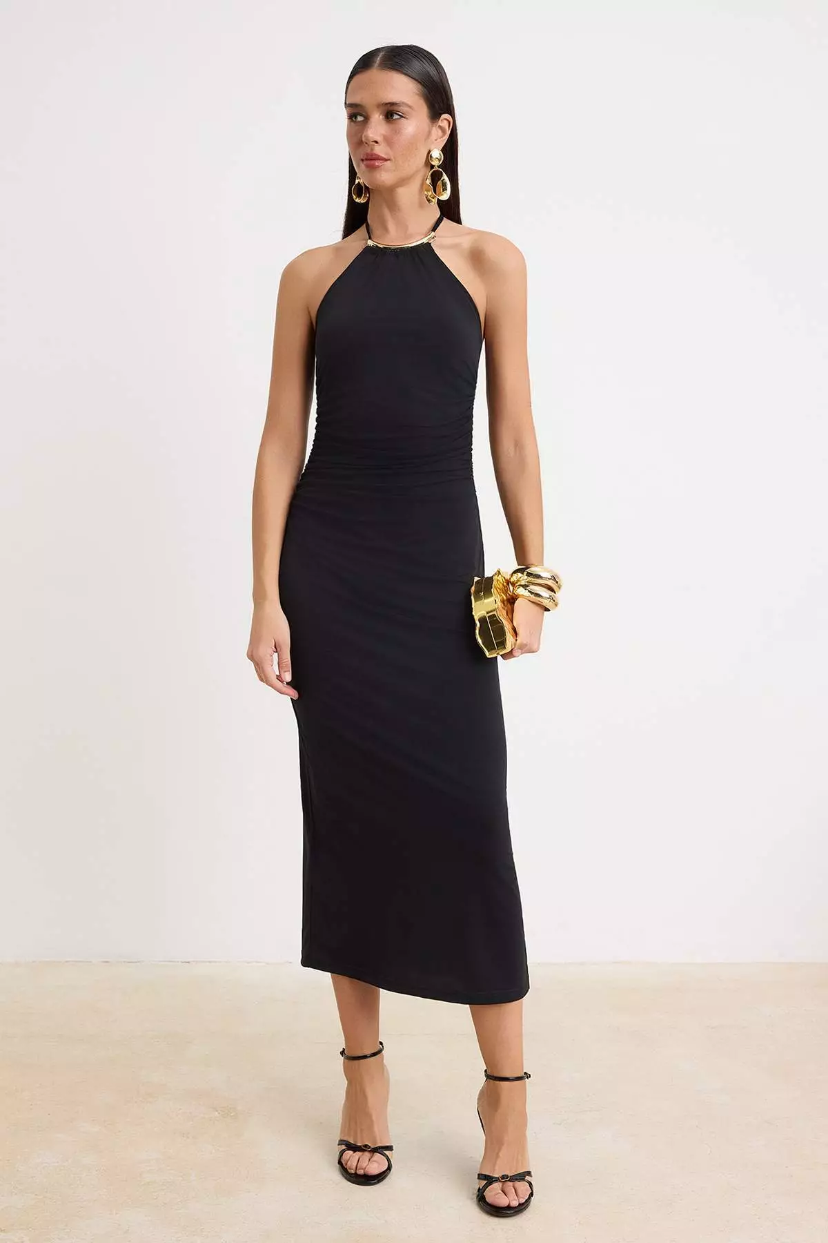 Trendyol Black Halter Neck Midi Sandy Dress With Shiny Accessories