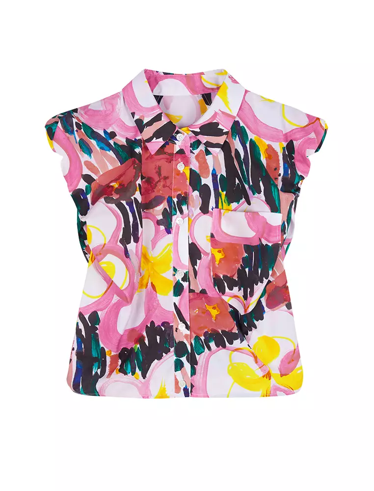 Pleated Printed Sleeveless Shirt