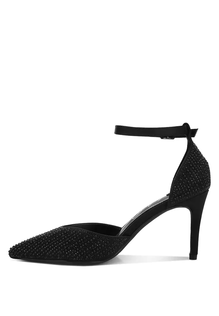 Sandal Stiletto Berhias Mutiara & Payet dalam Warna Hitam