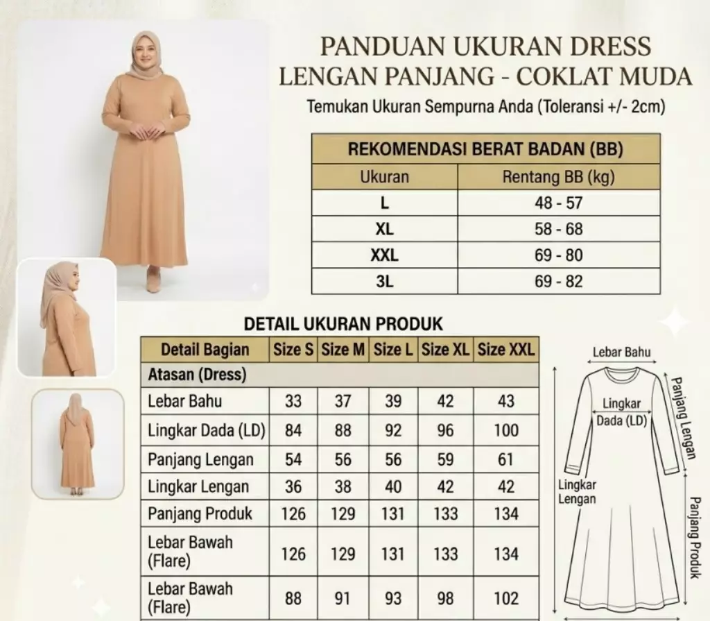 Long Sleeve Inner Dress Salma JUMBO SIZE S-XXL Coklat