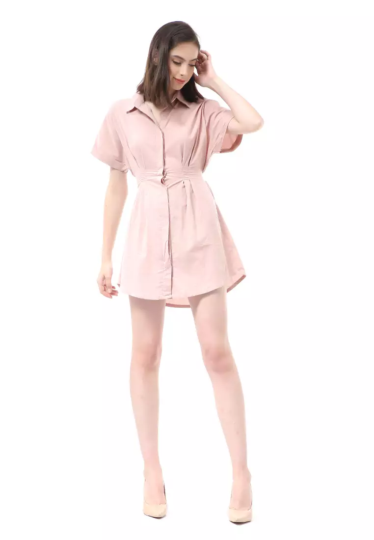 Rachel Dress Wanita Lengan Pendek Model Kemeja Plain Motive Material Cotton ORIGINAL - Dusty Pink
