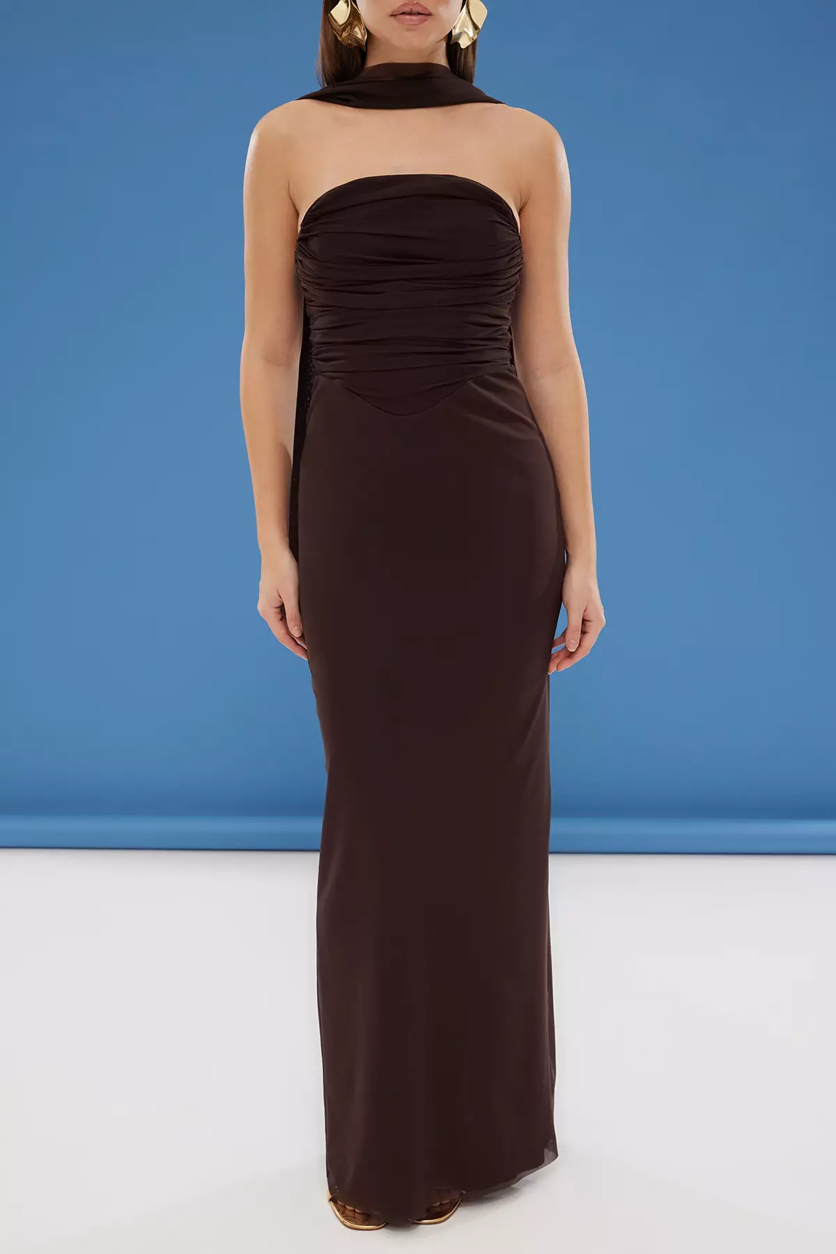Slit Ruched Strapless Evening Maxi Dress With Scarf