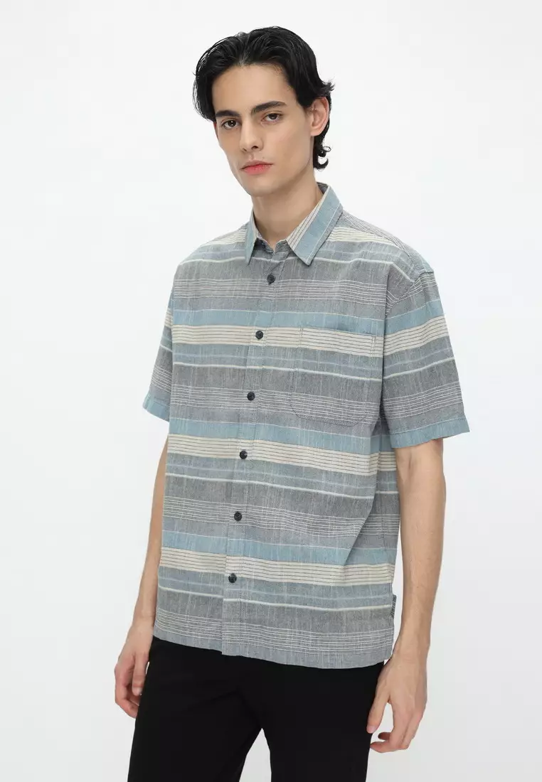 POLICE Kemeja Salur Printing Biru Regular Fit Pria