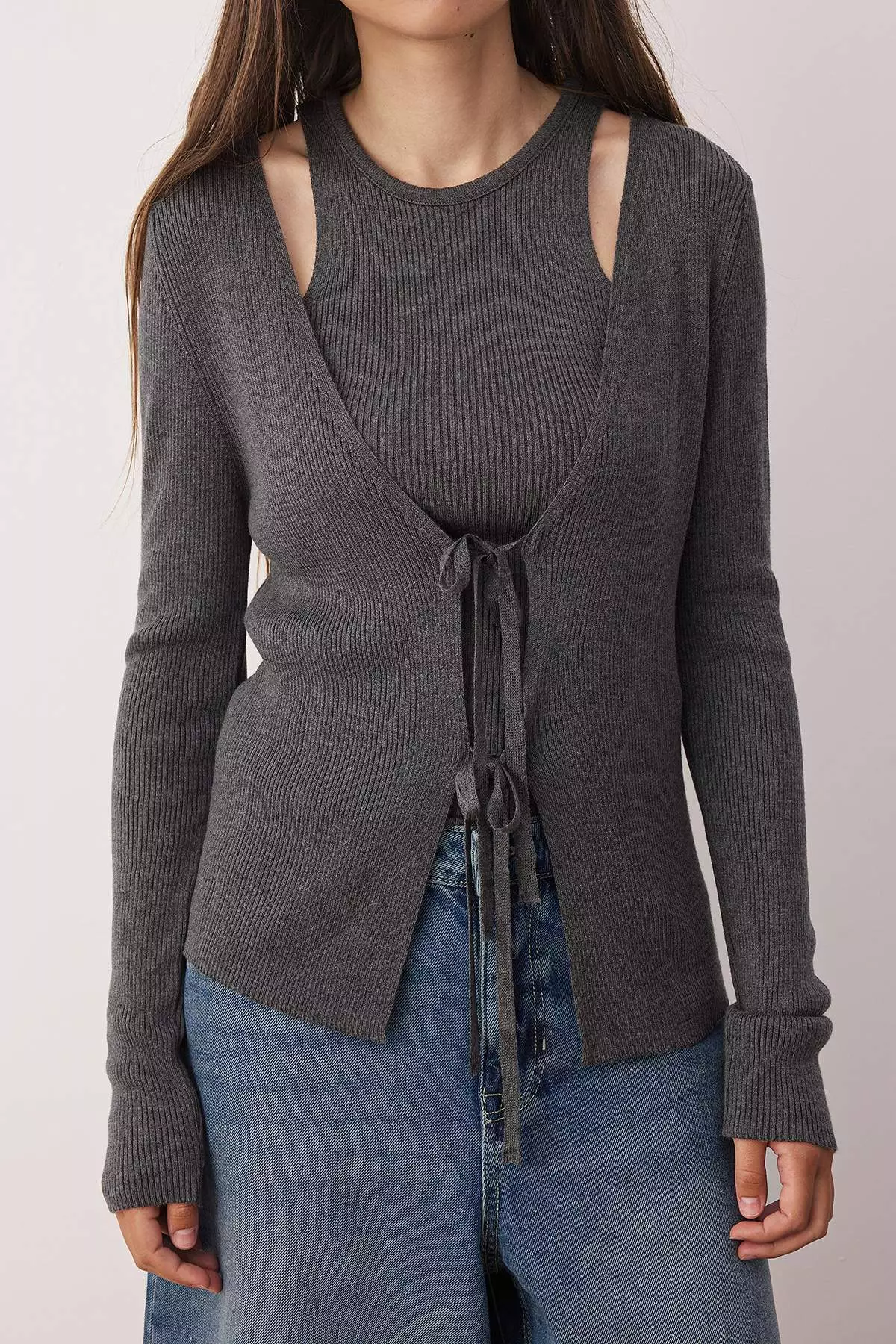 Anthracite V-Neck Mercerized Look Knitwear Cardigan-Blouse Set