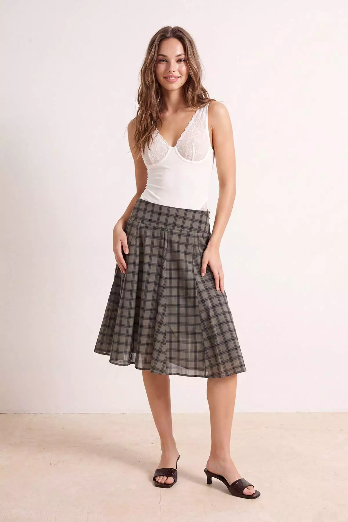 Khaki Mini Plaid Lined Midi Skirt Twoss26Et00263