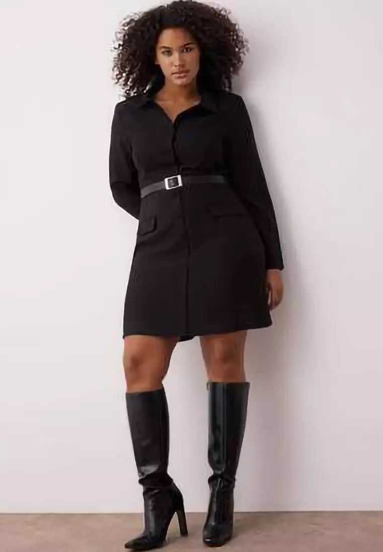 Black Woven Belt Dress Look Mini Plus Size Jumpsuit Tbbaw26Bg00000