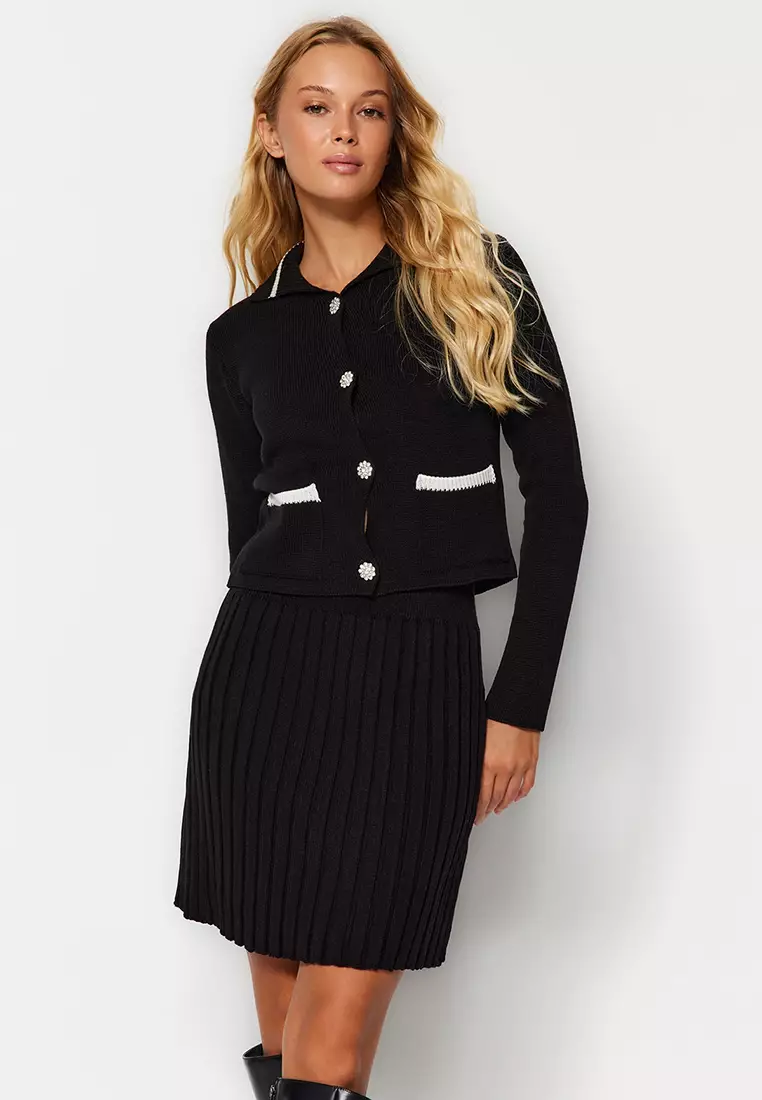 Buttoned Cardigan with Skirt Set