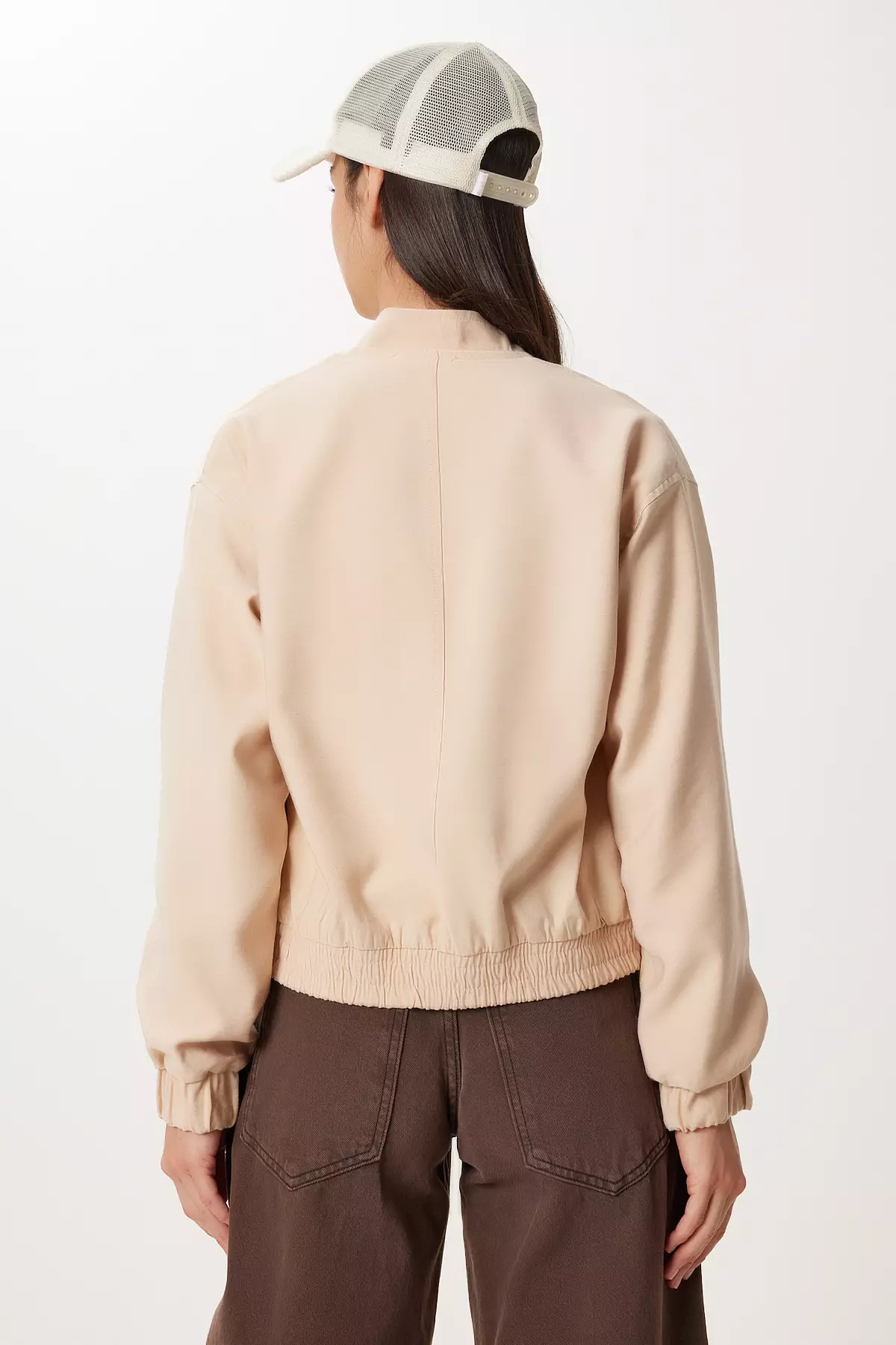 Women's Cream Gabardine Bomber Jacket With Flap Pockets Mx00235