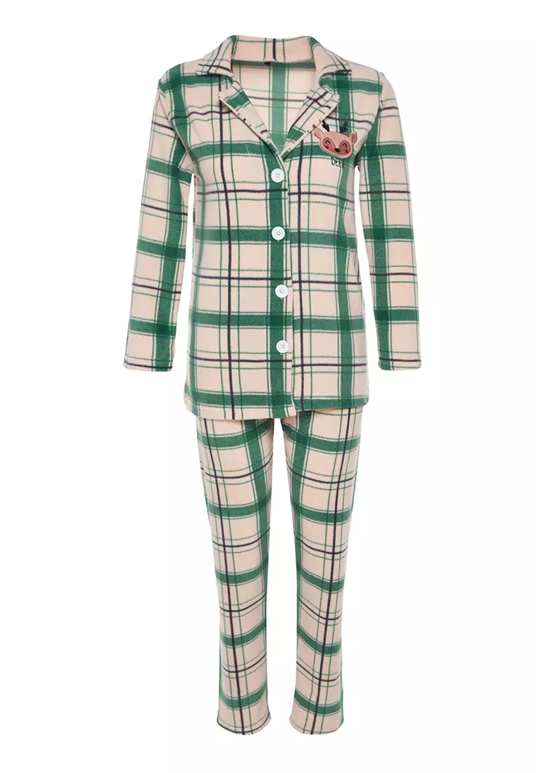 Green Embroidered Plaid Polar Fleece Winter Knitted Pajama Set THMAW24PT00175
