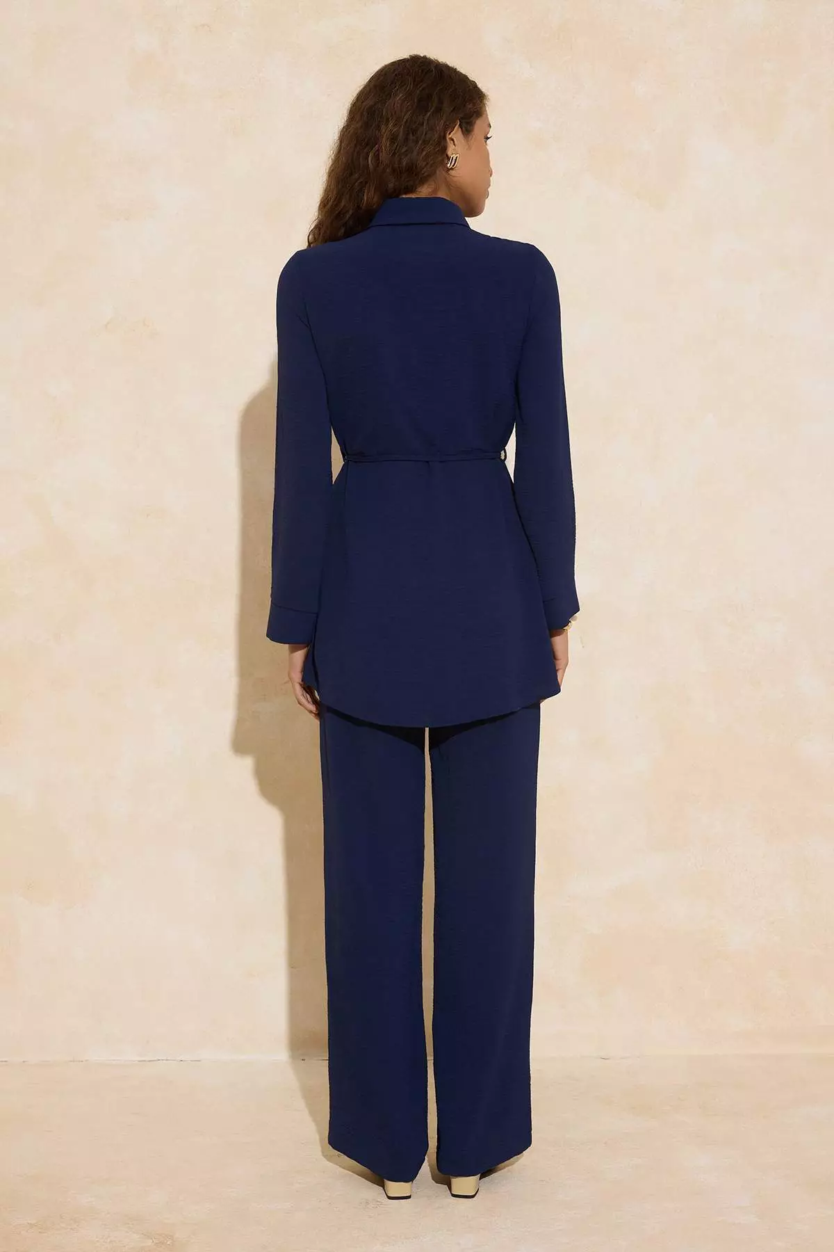 Navy Blue Gold Button Detailed Aerobin Shirt-Pants Woven Bottom-Top Set Tctss25Us00034