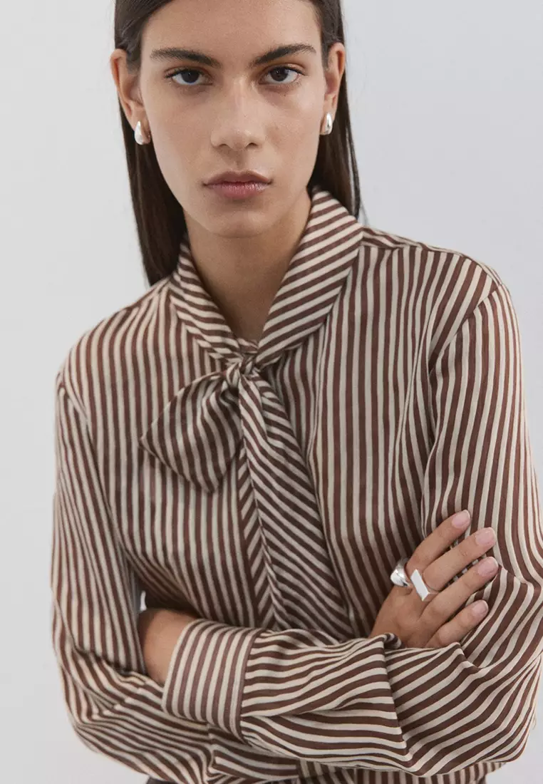 Striped Blouse With Bow Tie Neck