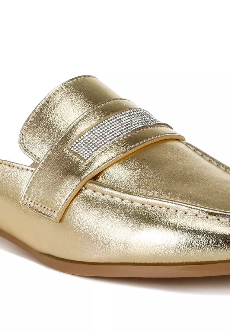 Rhinestones Slip On Mules in Gold