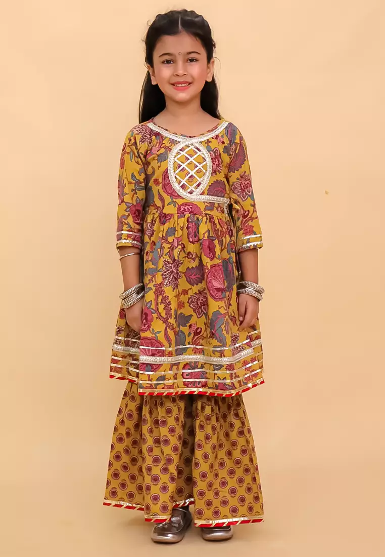 The Mom Store Peele Phool Block Print Girls Anarkali Sharara Set - Multi