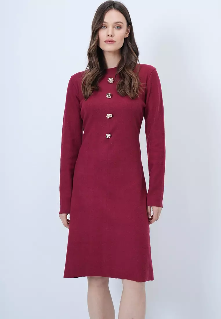 Crew Neck Button Detailed Midi Length Knitwear Dress