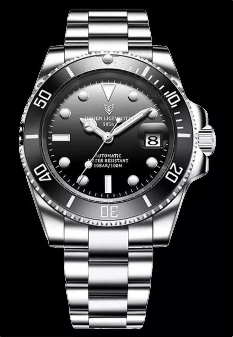 AUTOMATIC Unisex Diver's Stainless Steel Self-winding Watch, Black turning bezel, Black dial on Steel Bracelet