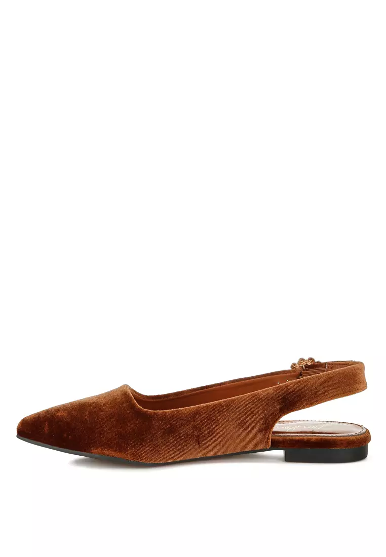 Velvet Slingback Flat Sandals in Brown