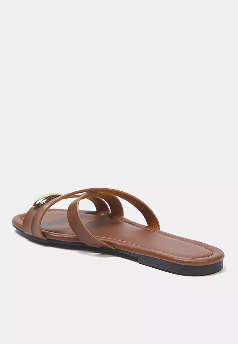 Tan Metal Decorated Cross Banded Flat Women's Stylish Slippers Takss25Te00046