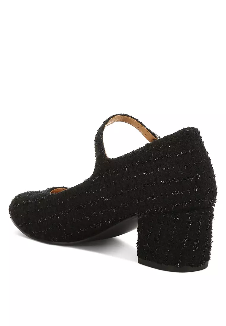 Tweed Mary Jane Sandals in Black