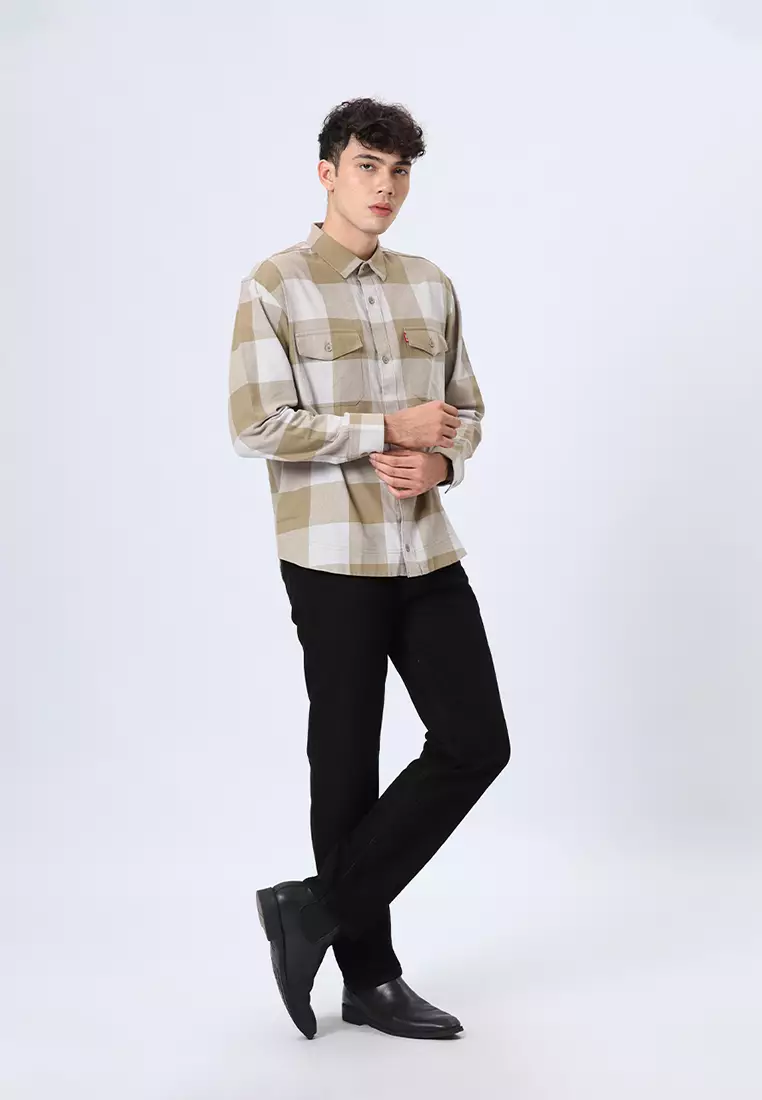 BASTIEN - BEIGE WHITE PEPPER Kemeja Flannel Casual Pria Lengan Panjang LS - Top Man Shirt