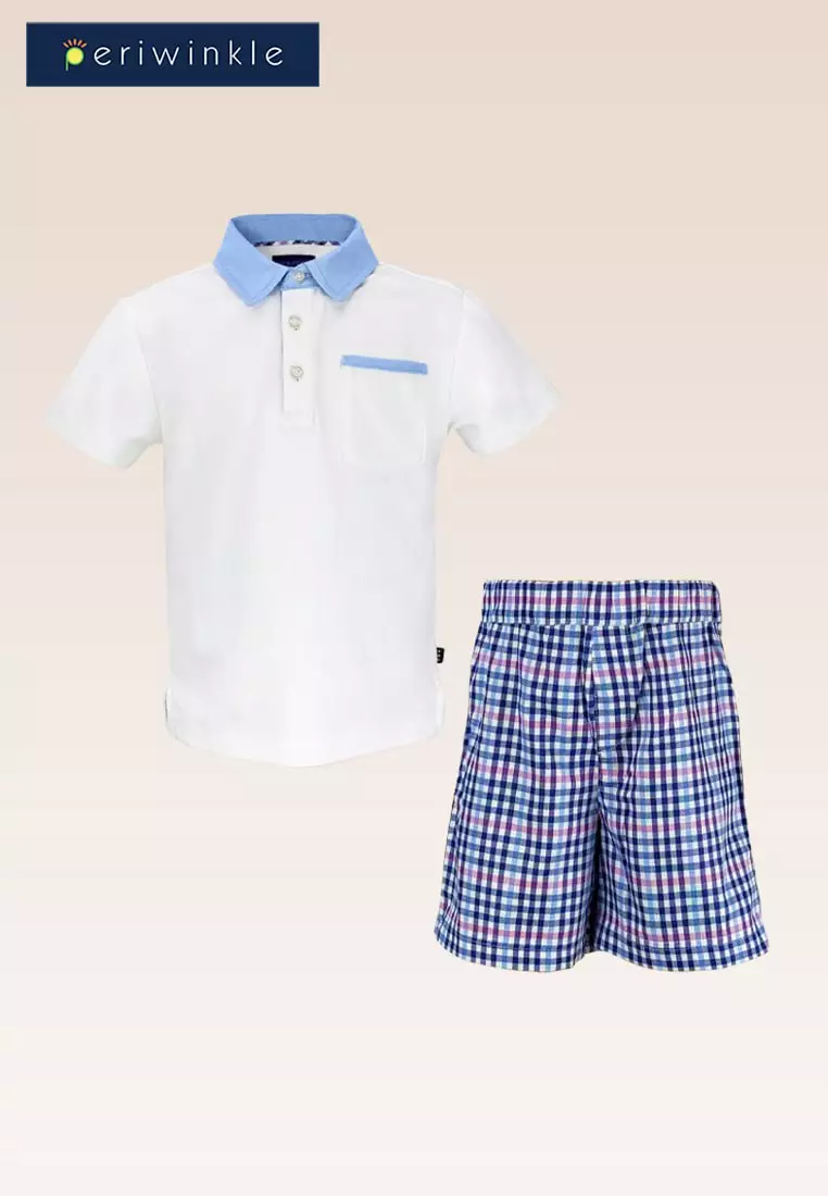 Caleb Boys Polo Shirt With Chambray Mix Fabric And Blue Checks Shorts