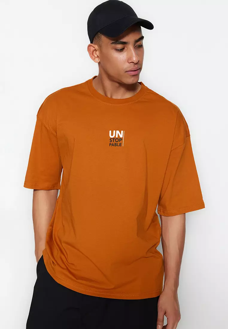 Buy Trendyol Orange Men s Oversize Wide Cut Text Print Short