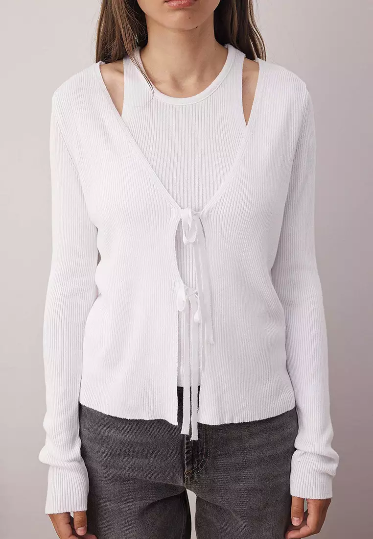 Bone Mercerized Look 2-Piece Knitwear Cardigan-Blouse Set Twoaw26Hi00035