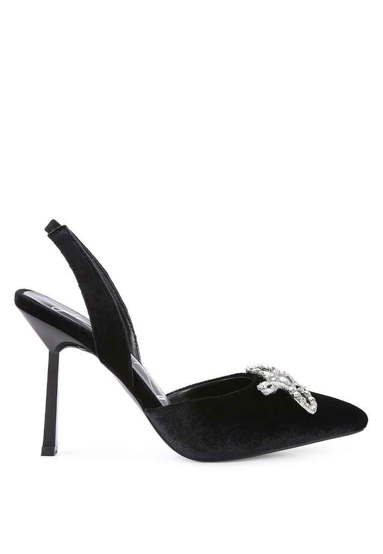 Black Velvet Diamante Detail Heeled Slingback Mules