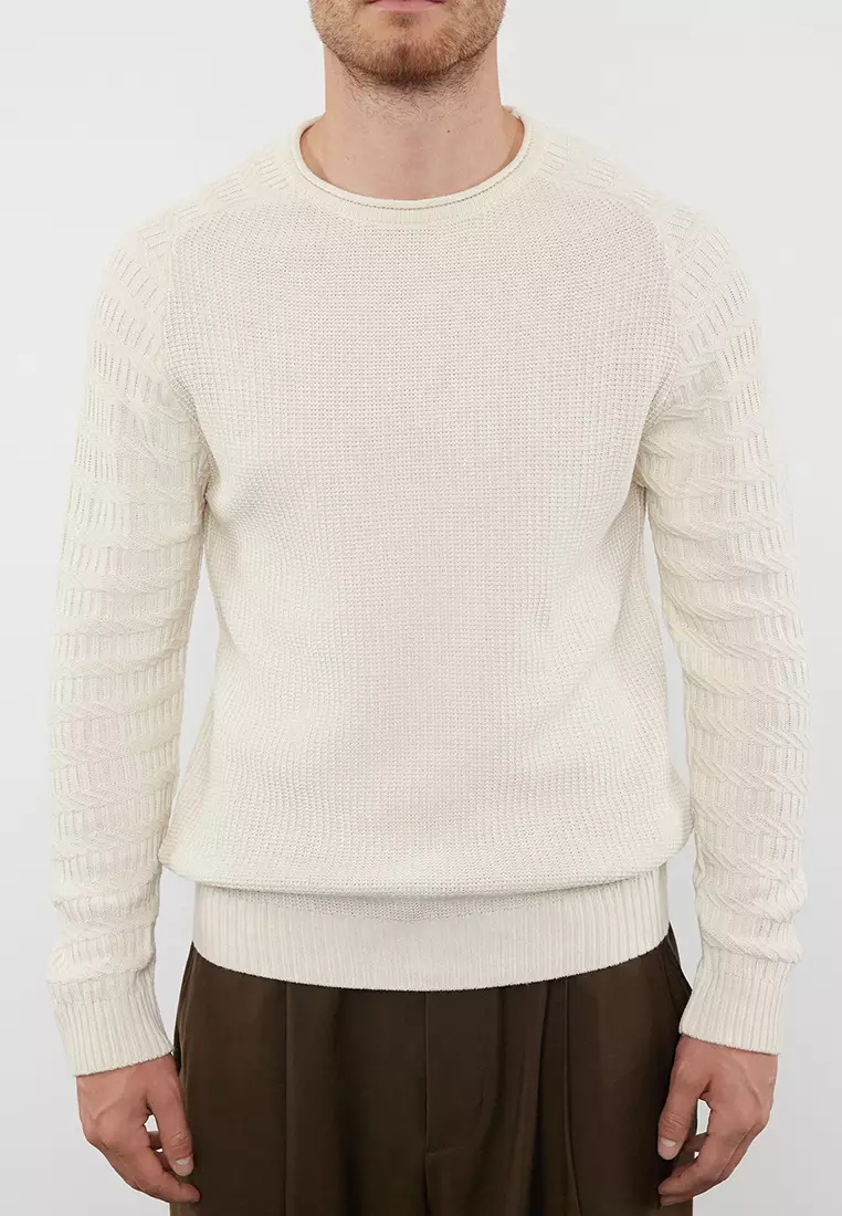 Ecru Slim Slim Fit Crew Neck Textured Knitwear Sweater TMNAW22KZ0380