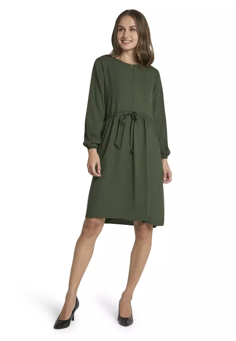 Leyna Mini Dress Wanita Long Sleeves Motif Solid Design Casual Regular Fit - Army