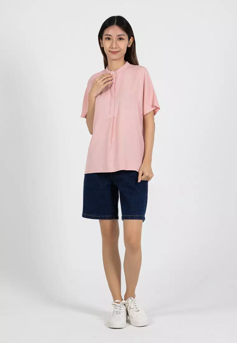 Forest Ladies Rayon Lyocell Band Collar Plain Blouse Women Short Sleeve Blouse - 822415-59LotusPink