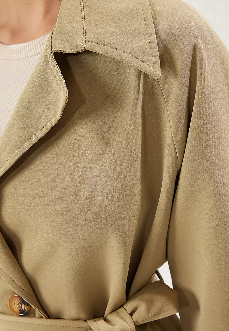 Light Khaki Belted Double Breasted Regular Long Trench Coat