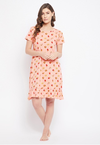 Clovia pink Clovia Print Me Pretty Short Night Dress in Salmon Pink - 100% Cotton 73A55AAC80D73AGS_1