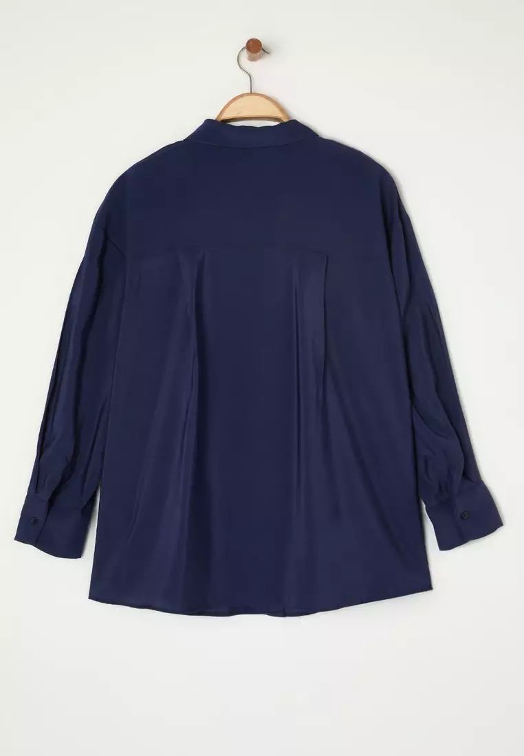 Navy Blue Tencel Soft Touch Woven Plus Size Shirt TBBSS25AX00004