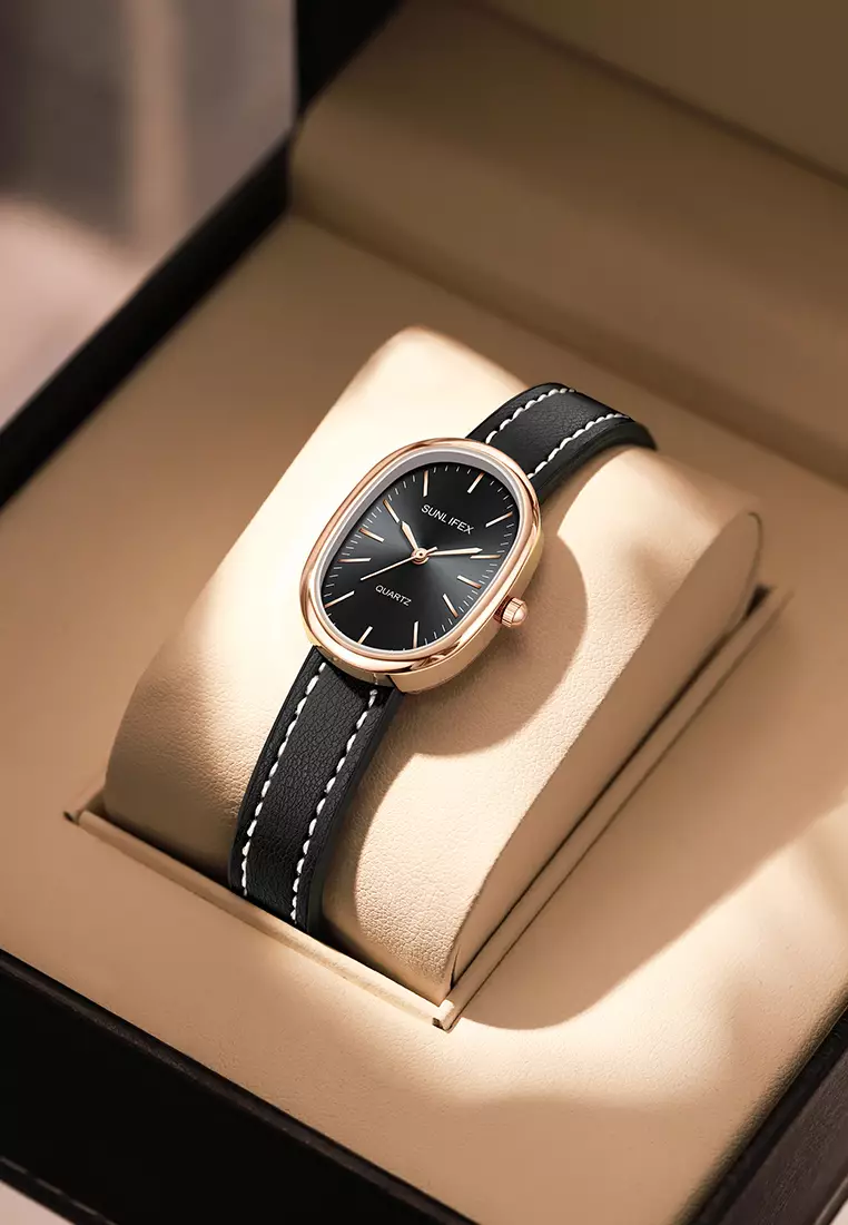 Jam Tangan Wanita Anggun Kuarsa Tali Kulit Gaya Antik Korea Jam Tangan Cewek SL6083 black
