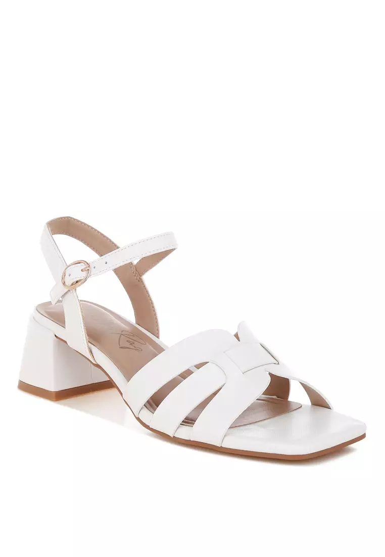 Strappy Square Toe Block Heels In White