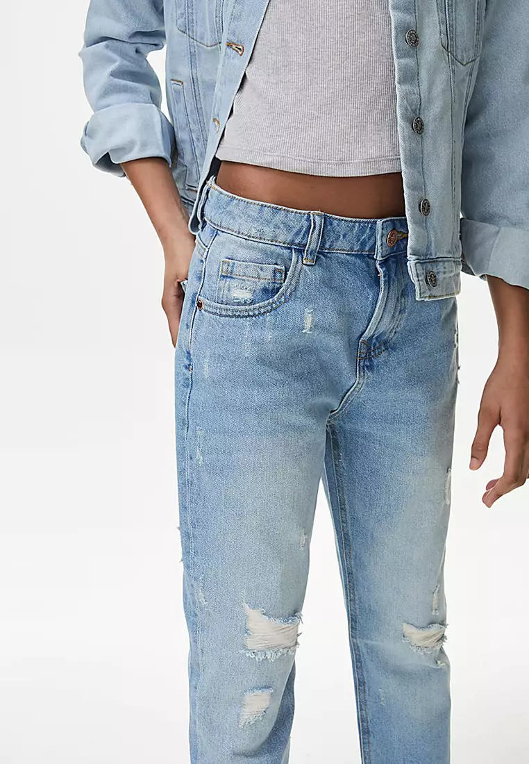 Mom Fit Light Denim Ripped Jeans