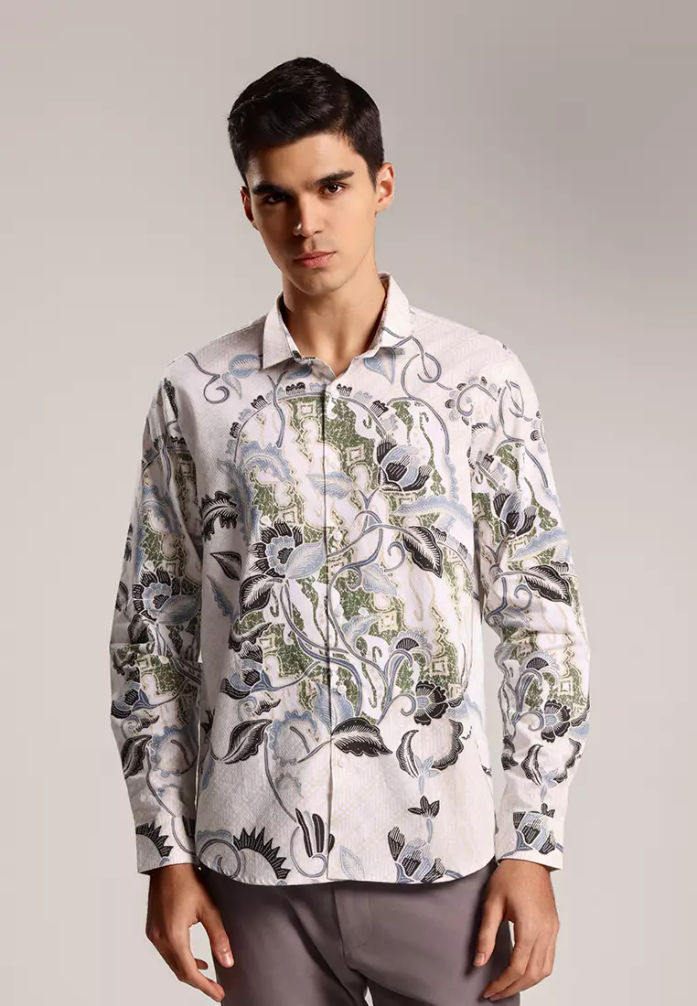 MOC - Kemeja Batik Pria Lengan Panjang Lamduan - White