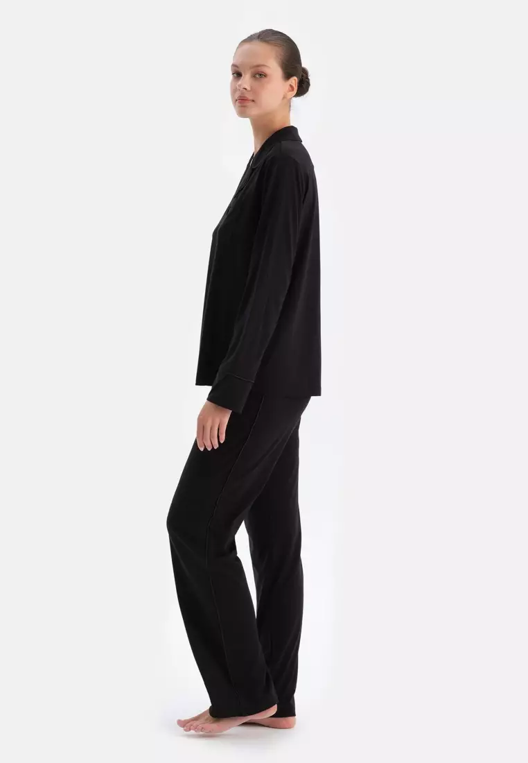 Black Shirt & Trousers Set, Regular Fit, Long Sleeve Sleepwear for Women