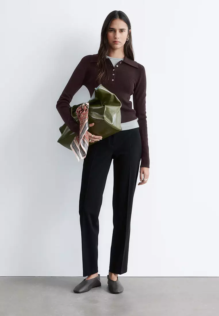 Rib-Knit Merino Wool Polo Top