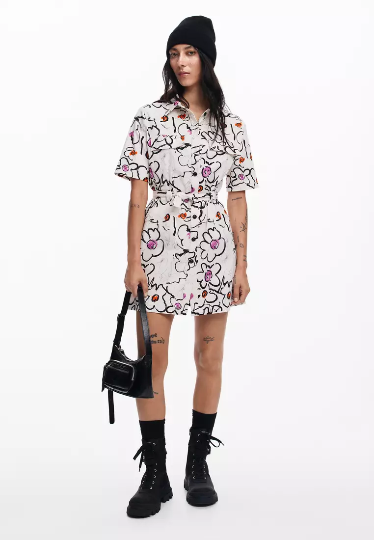 Desigual Woman Dress with drawn flowers.