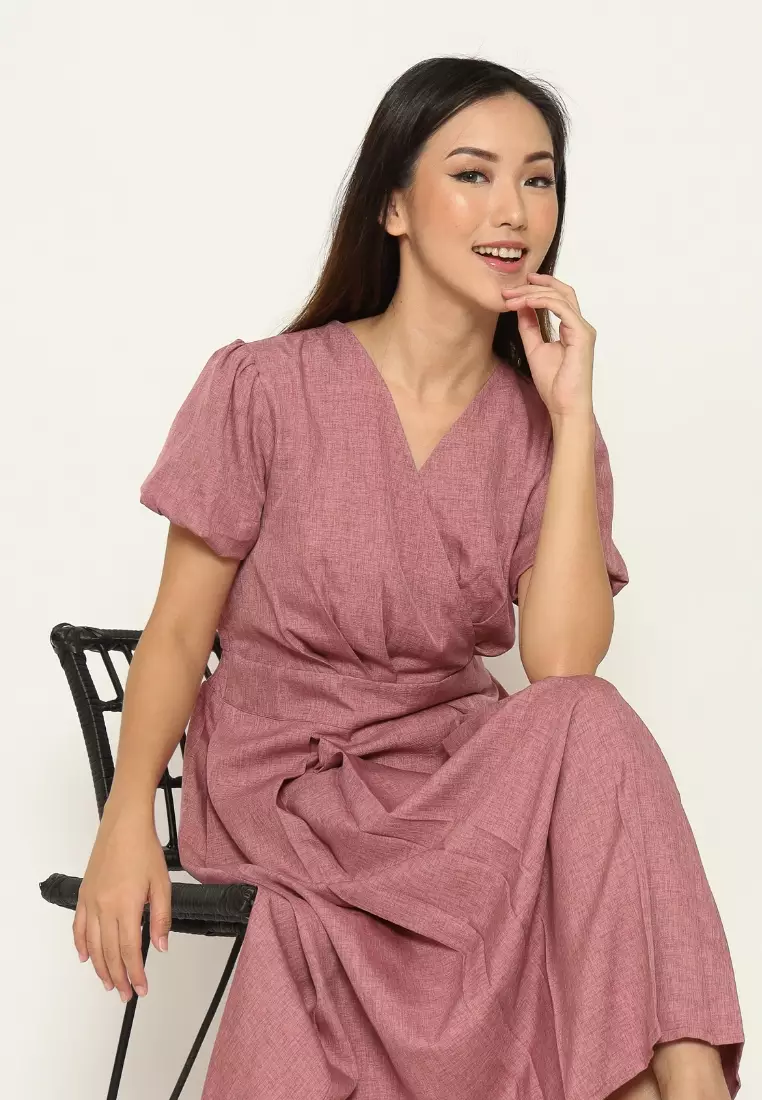 Urban Exchange Jasmine Dress Pink - Midi Dress Puff Sleeves