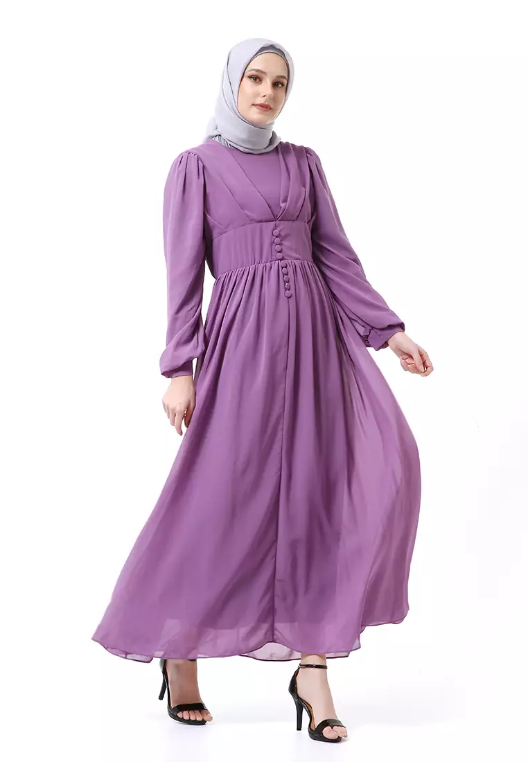 Khansa Long Dress Muslimah Atasan Wanita Long Sleeve Motif Polos High Quality - Ungu Sedang